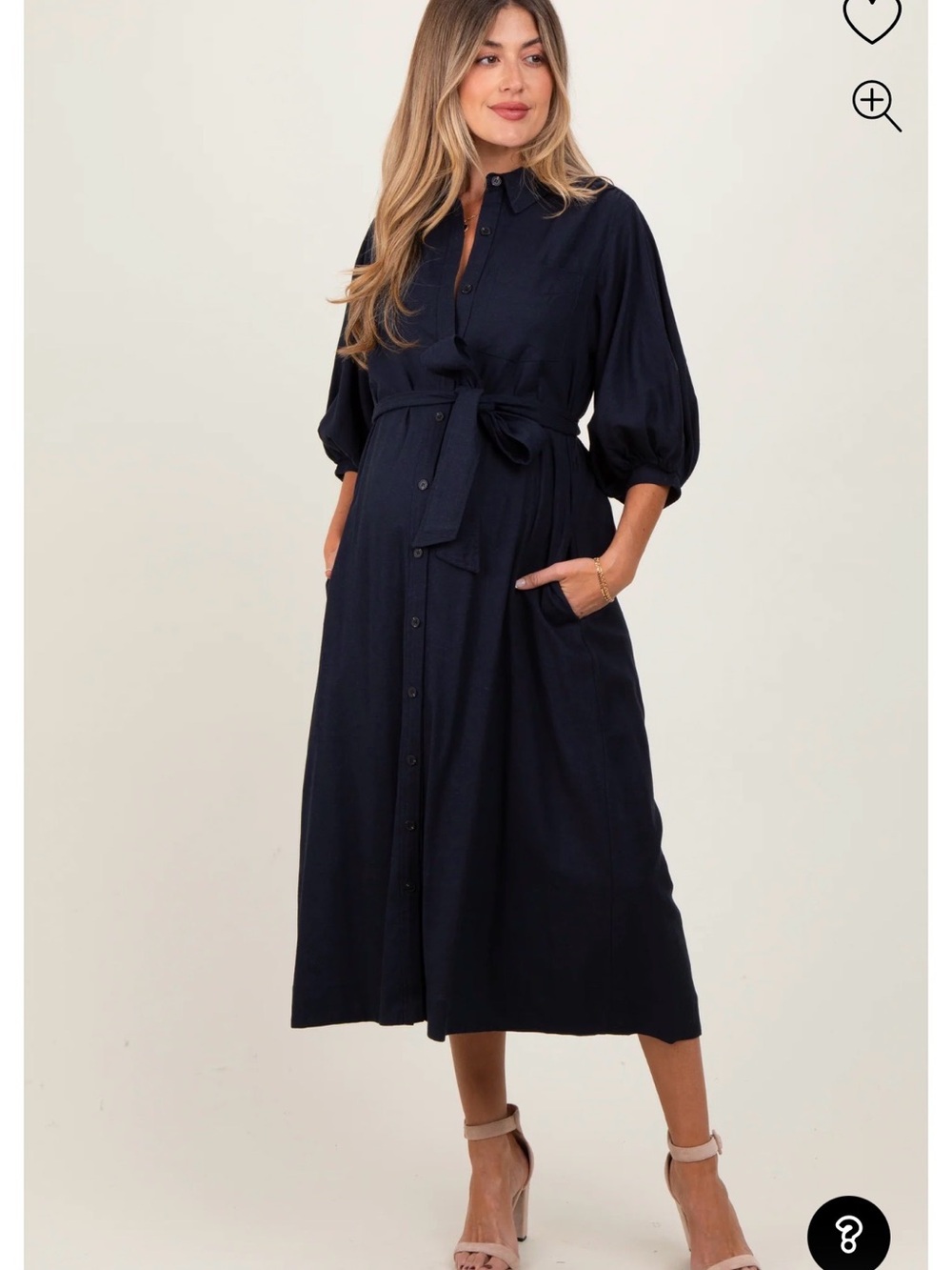 Pinkblush Navy 3/4 Bubble Sleeve Maternity Midi Shirt Dress